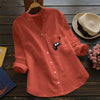 European And American Pocket Stand Collar Long Sleeve Cotton And Linen Casual Loose Print Cardigan Shirt