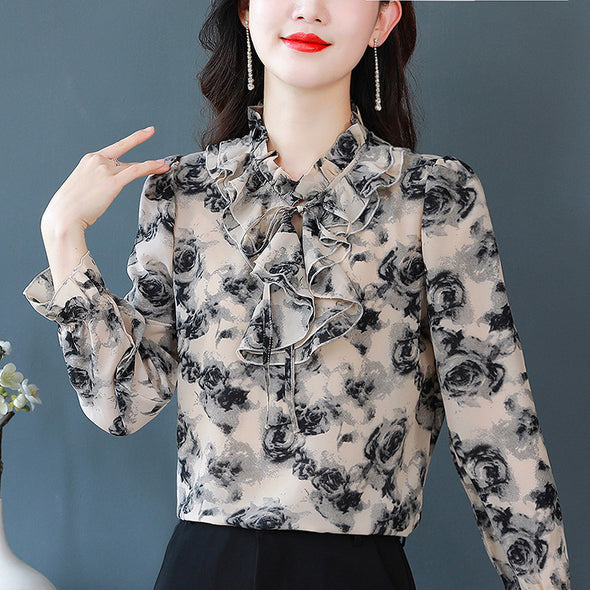 Foreign Style Agaric Ruffle Lace Up Floral Long Sleeved Chiffon Shirt For Women