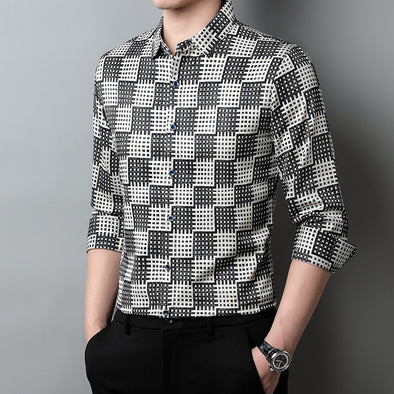 Fashion Personality Plaid Top Men's Lapel Long Shirt