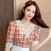 Vintage Red Plaid Shirt Women's Puff Sleeve Cropped Top