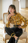 Retro Plaid Shirt Women Stand-up Collar Webbing Drill Buckle Blouse