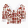 Vintage Red Plaid Shirt Women's Puff Sleeve Cropped Top