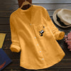 European And American Pocket Stand Collar Long Sleeve Cotton And Linen Casual Loose Print Cardigan Shirt