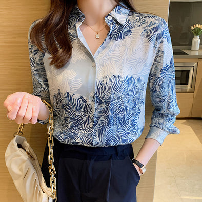 Printed Lapel Shirt Long-sleeved Loose Chiffon Top