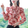 Foreign Style Agaric Ruffle Lace Up Floral Long Sleeved Chiffon Shirt For Women