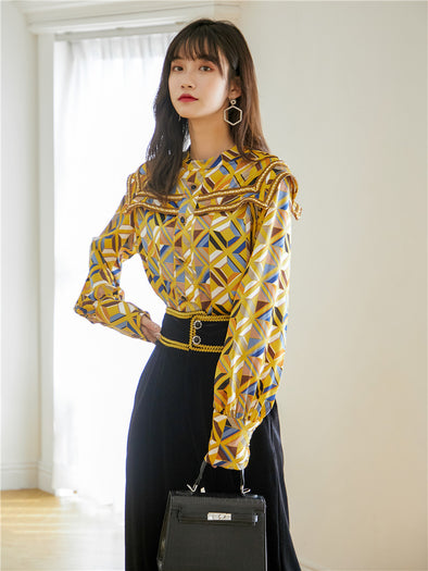 Retro Plaid Shirt Women Stand-up Collar Webbing Drill Buckle Blouse