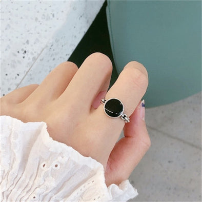 S925 Silver Black Dot Epoxy Round Open Ring Female Japanese And Korean Style Mori Personality Distressed Chain