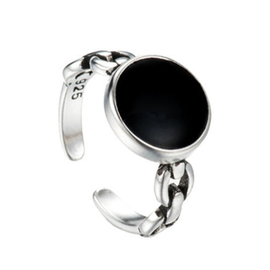 S925 Silver Black Dot Epoxy Round Open Ring Female Japanese And Korean Style Mori Personality Distressed Chain