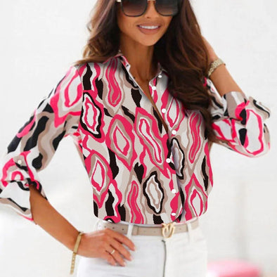 Rose Abstract Printing Curling Sleeve Chest Pocket Shirt