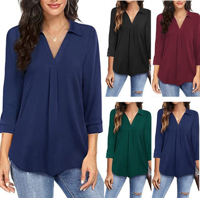 European And American Temperament Chiffon Women's Pullover Loose V-neck Shirt Top